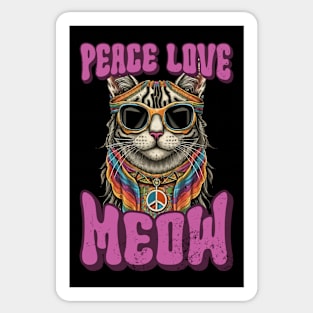 Peace Love Meow, Retro Groovy Style Hippie Cat Lover Design Sticker